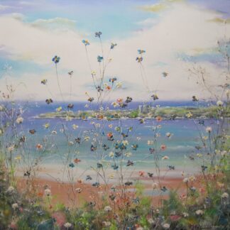 Beautiful seascape painting of Doonbeg with a sprinkling of Burren flowers. It's sure to be a conversation piece in any home or office.